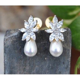 Floral Cubic Zirconia Stud with Pearl Drop